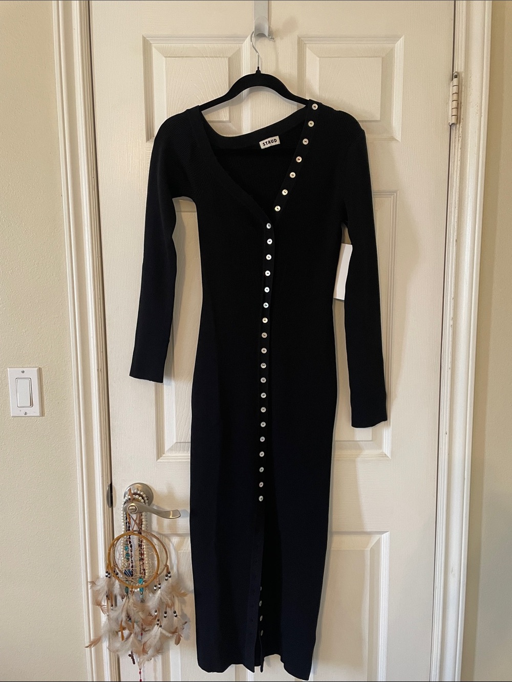 STAUD Black Long-Sleeve Asymmetric Button-Front Midi Dress